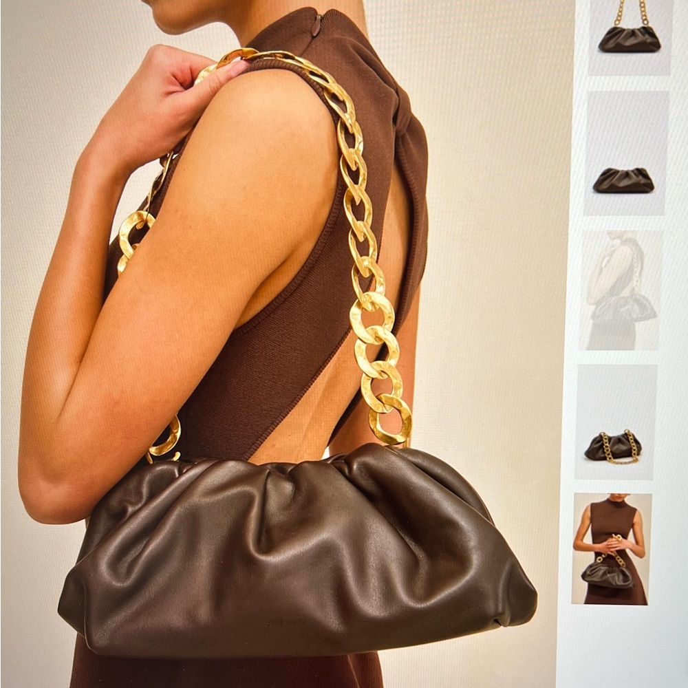 cult gaia Dark Brown Leather Shoulder Bag with Gold Chain